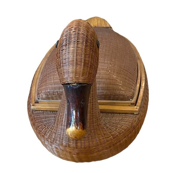 Vtg Shanghai Handicrafts Wicker Bamboo Duck Woven Basket Storage 1960s 14x9” - Picture 5 of 12